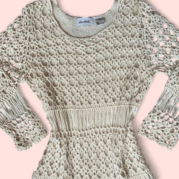 Unique See- Through Boho Cream Crochet Knit Cover-Up. M. - Picture 5 of 8